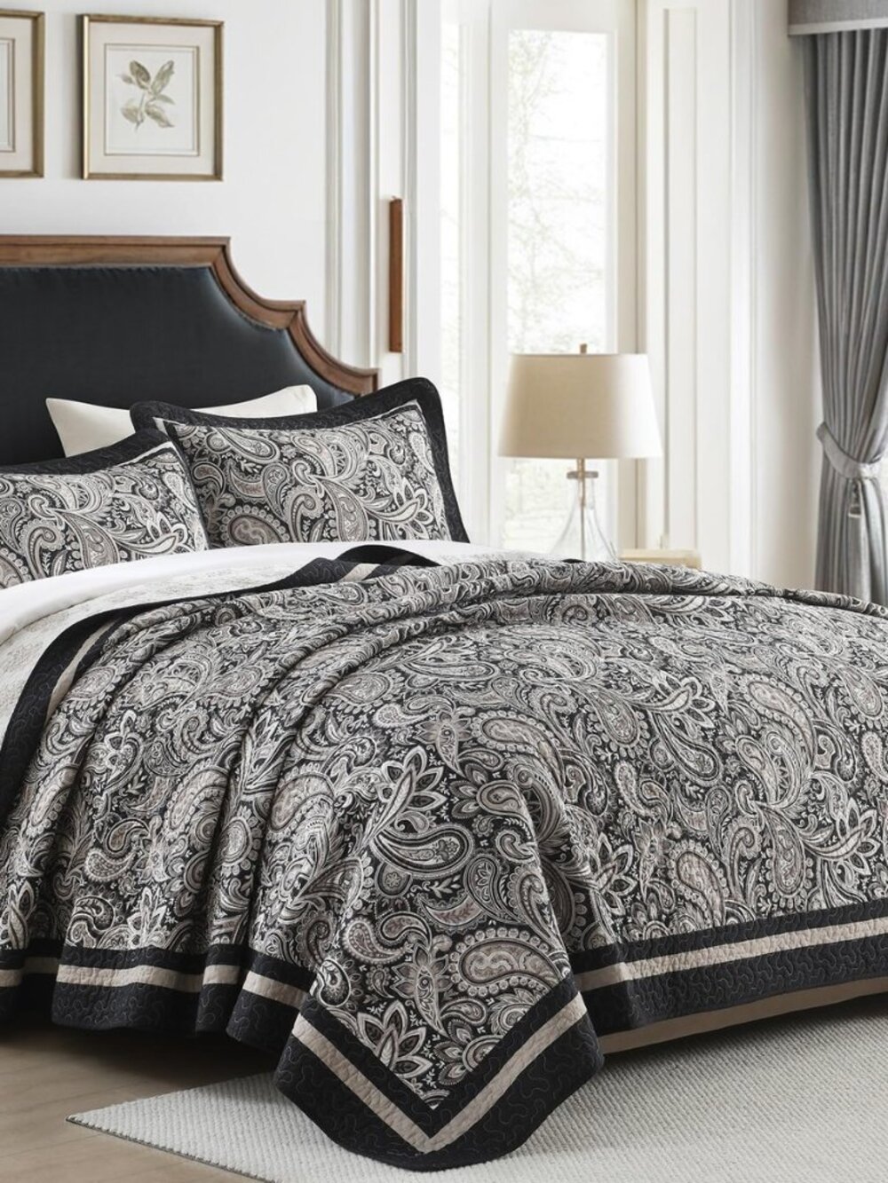 100% Cotton Queen Quilt Set, Vintage Bohemian Paisley, Black/White
